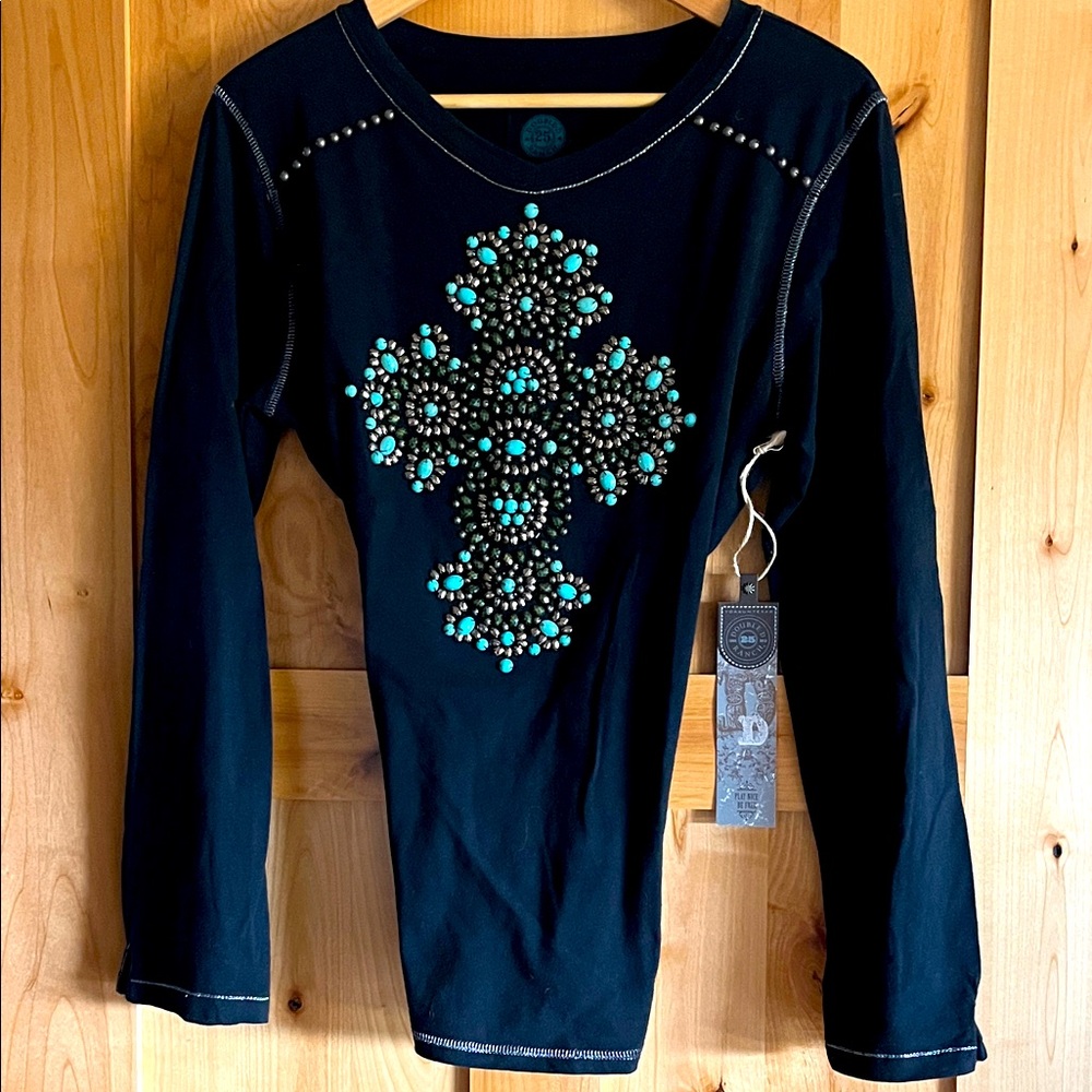 Double D Ranchwear Long Sleeve Top with Turquoise Cross embellished design large